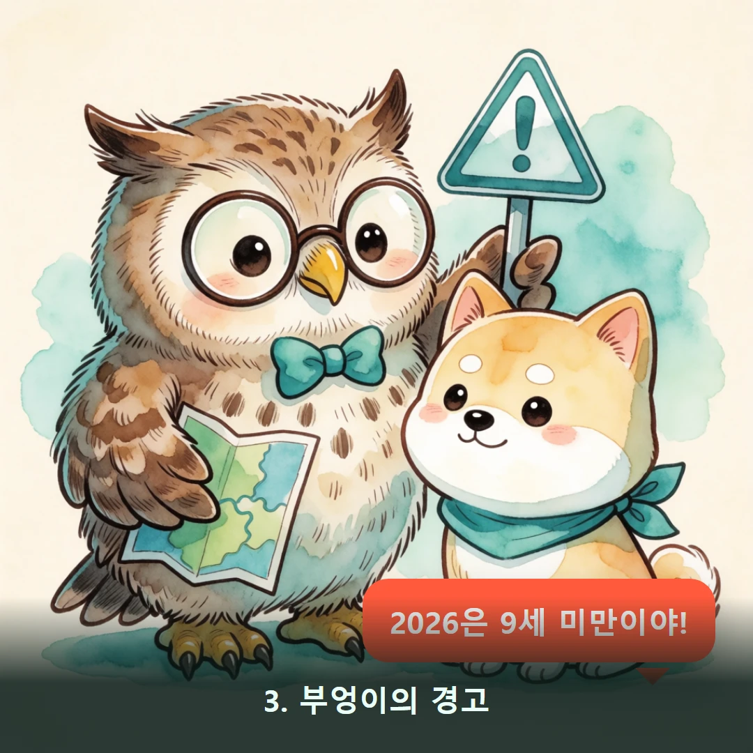 웹툰 3컷 — 3. 부엉이의 경고 (2026은 9세 미만이야!)