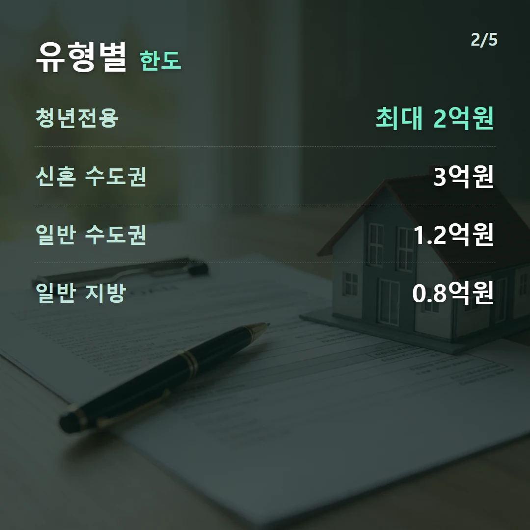 유형별 한도 — 청년전용 최대 2억원, 신혼 수도권 3억원, 일반 수도권 1.2억원, 일반 지방 0.8억원