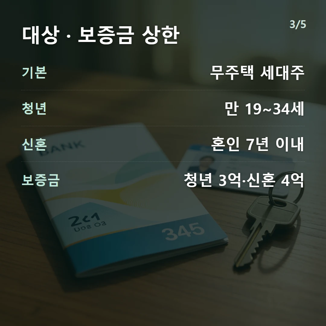 대상 · 보증금 상한 — 기본 무주택 세대주, 청년 만 19~34세, 신혼 혼인 7년 이내, 보증금 청년 3억·신혼 4억