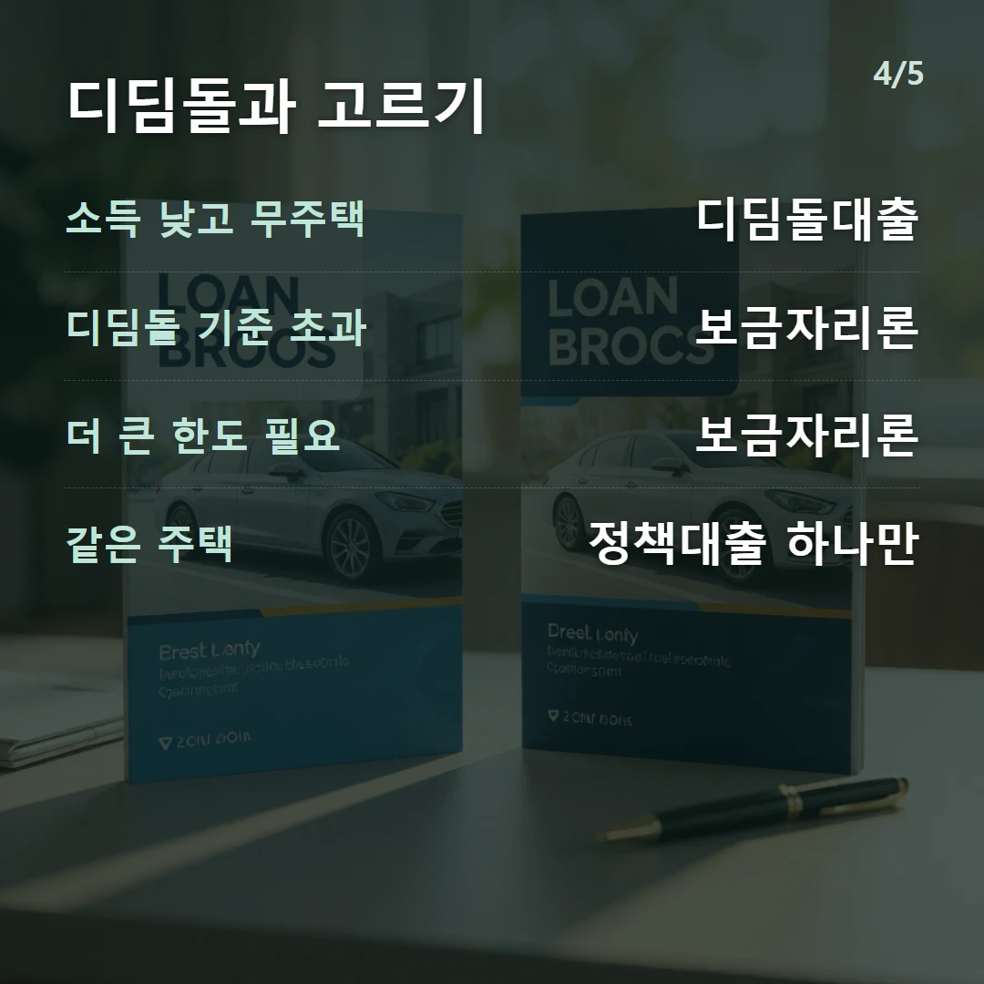 디딤돌과 고르기 — 소득 낮고 무주택 디딤돌대출, 디딤돌 기준 초과 보금자리론, 더 큰 한도 필요 보금자리론, 같은 주택 정책대출 하나만