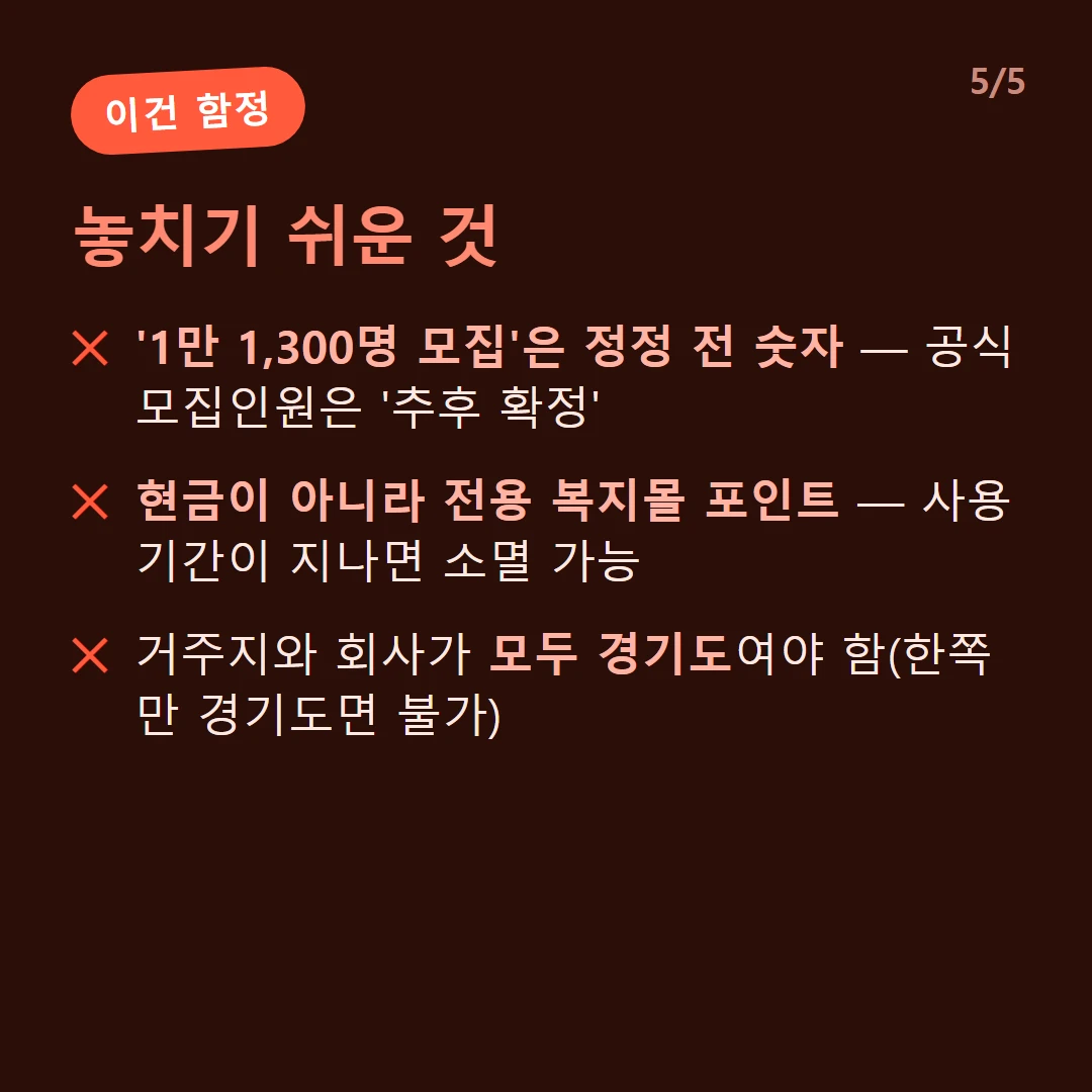 놓치기 쉬운 것 — '1만 1,300명 모집'은 정정 전 숫자 — 공식 모집인원은 '추후 확정' / 현금이 아니라 전용 복지몰 포인트 — 사용기간이 지나면 소멸 가능 / 거주지와 회사가 모두 경기도여야 함(한쪽만 경기도면 불가)