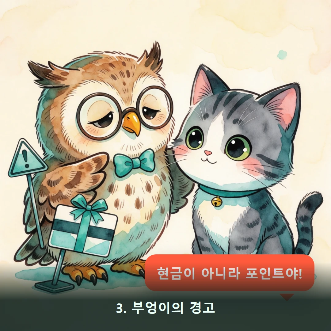웹툰 3컷 — 3. 부엉이의 경고 (현금이 아니라 포인트야!)