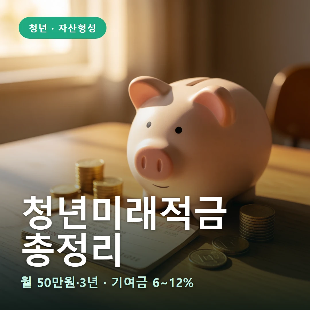청년미래적금 요약 표지 — 월 50만원·3년 · 기여금 6~12%