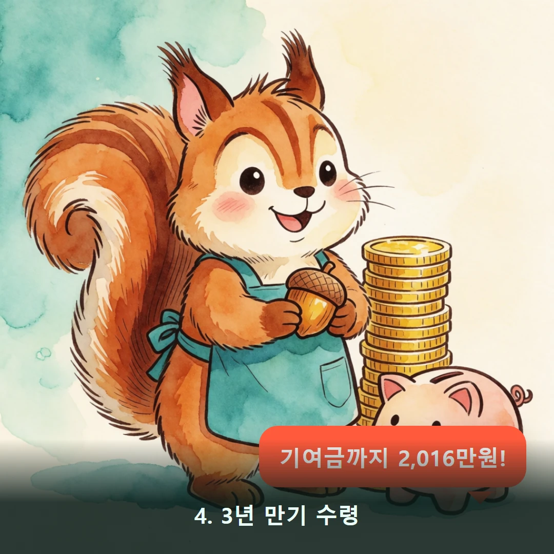 웹툰 4컷 — 4. 3년 만기 수령 (기여금까지 2,016만원!)
