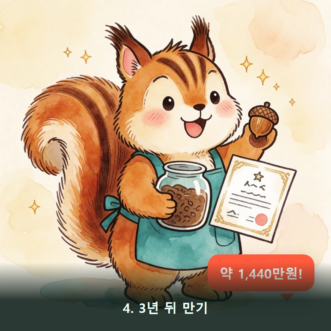 웹툰 4컷 — 4. 3년 뒤 만기 (약 1,440만원!)