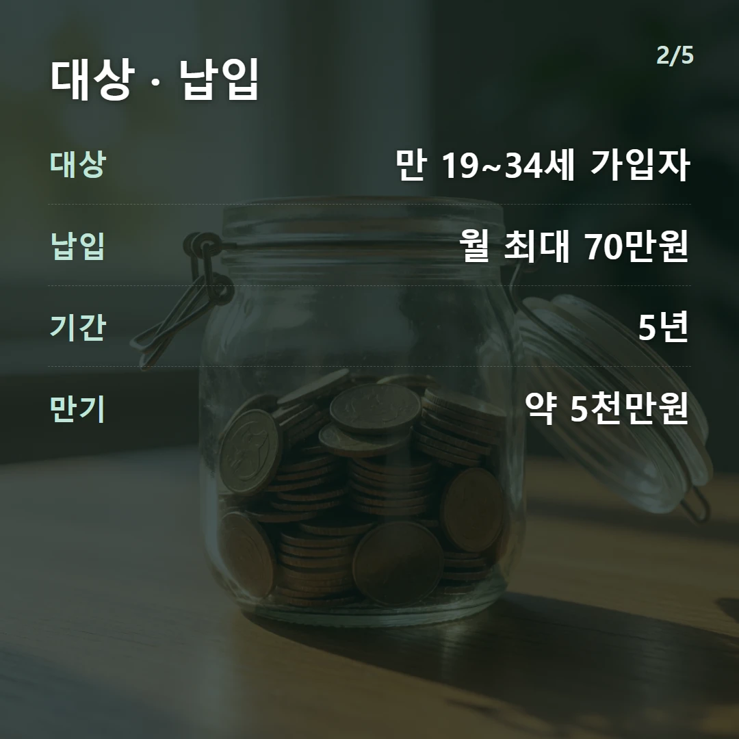 대상 · 납입 — 대상 만 19~34세 가입자, 납입 월 최대 70만원, 기간 5년, 만기 약 5천만원
