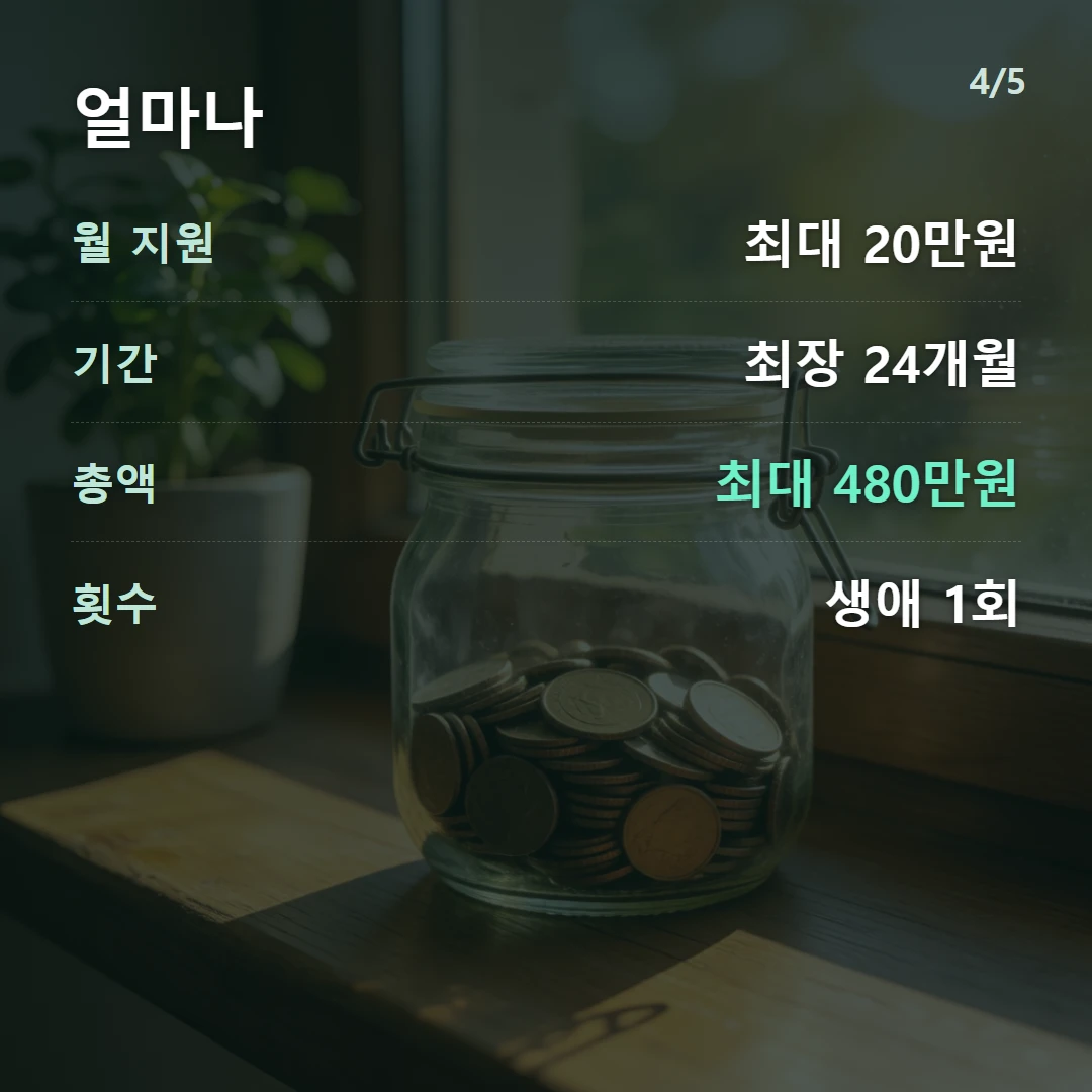 청년월세 지원 금액 — 월 최대 20만원, 최장 24개월, 총 최대 480만원, 생애 1회