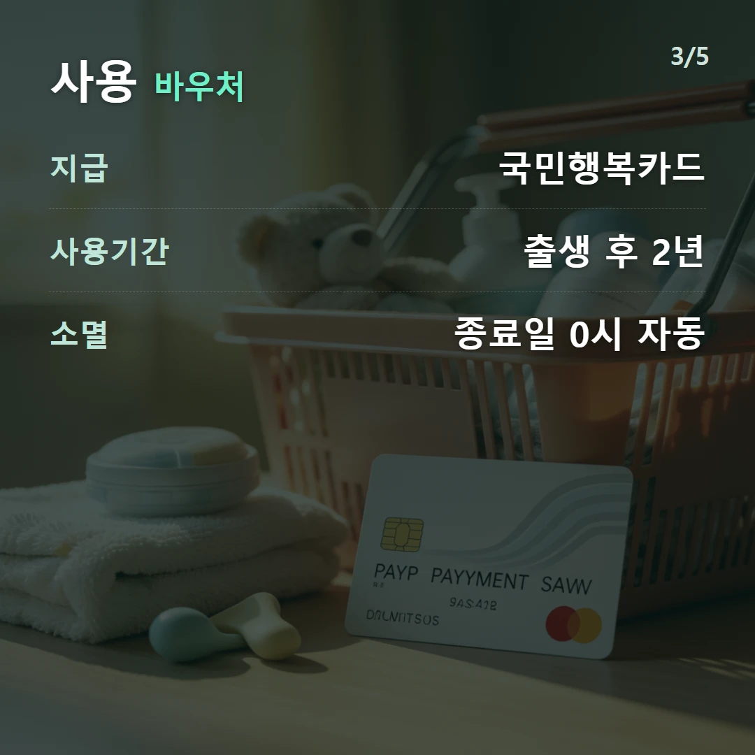 사용 바우처 — 지급 국민행복카드, 사용기간 출생 후 2년, 소멸 종료일 0시 자동
