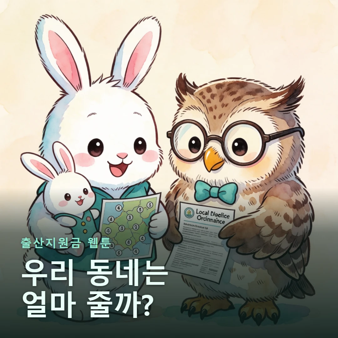 출산지원금 웹툰 표지 — 우리 동네는 얼마 줄까?
