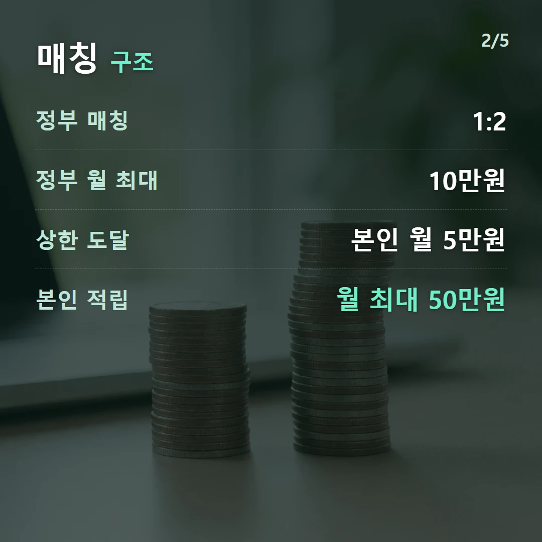 매칭 구조 — 정부 매칭 1:2, 정부 월 최대 10만원, 상한 도달 본인 월 5만원, 본인 적립 월 최대 50만원