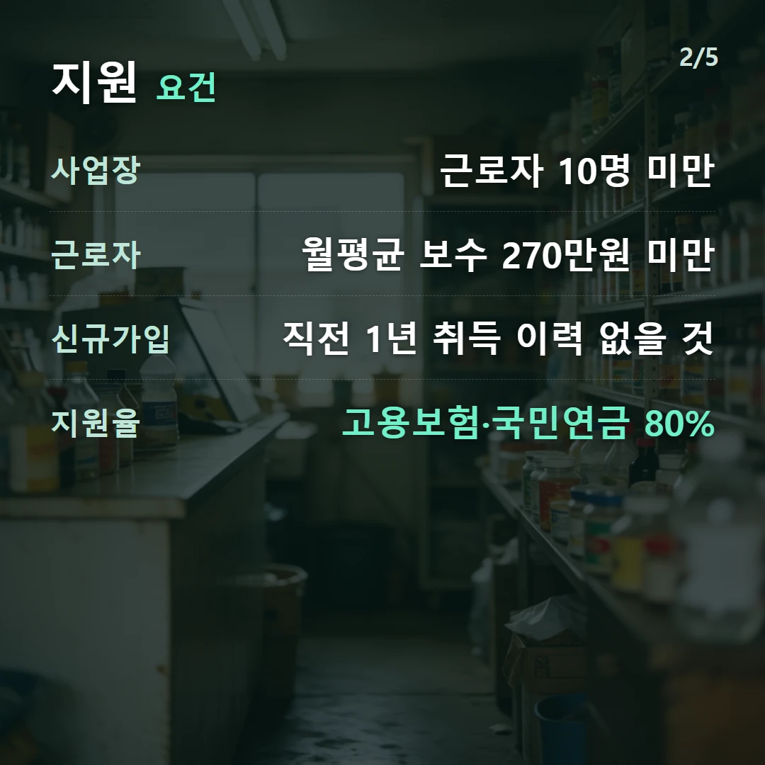 지원 요건 — 사업장 근로자 10명 미만, 근로자 월평균 보수 270만원 미만, 신규가입 직전 1년 취득 이력 없을 것, 지원율 고용보험·국민연금 80%