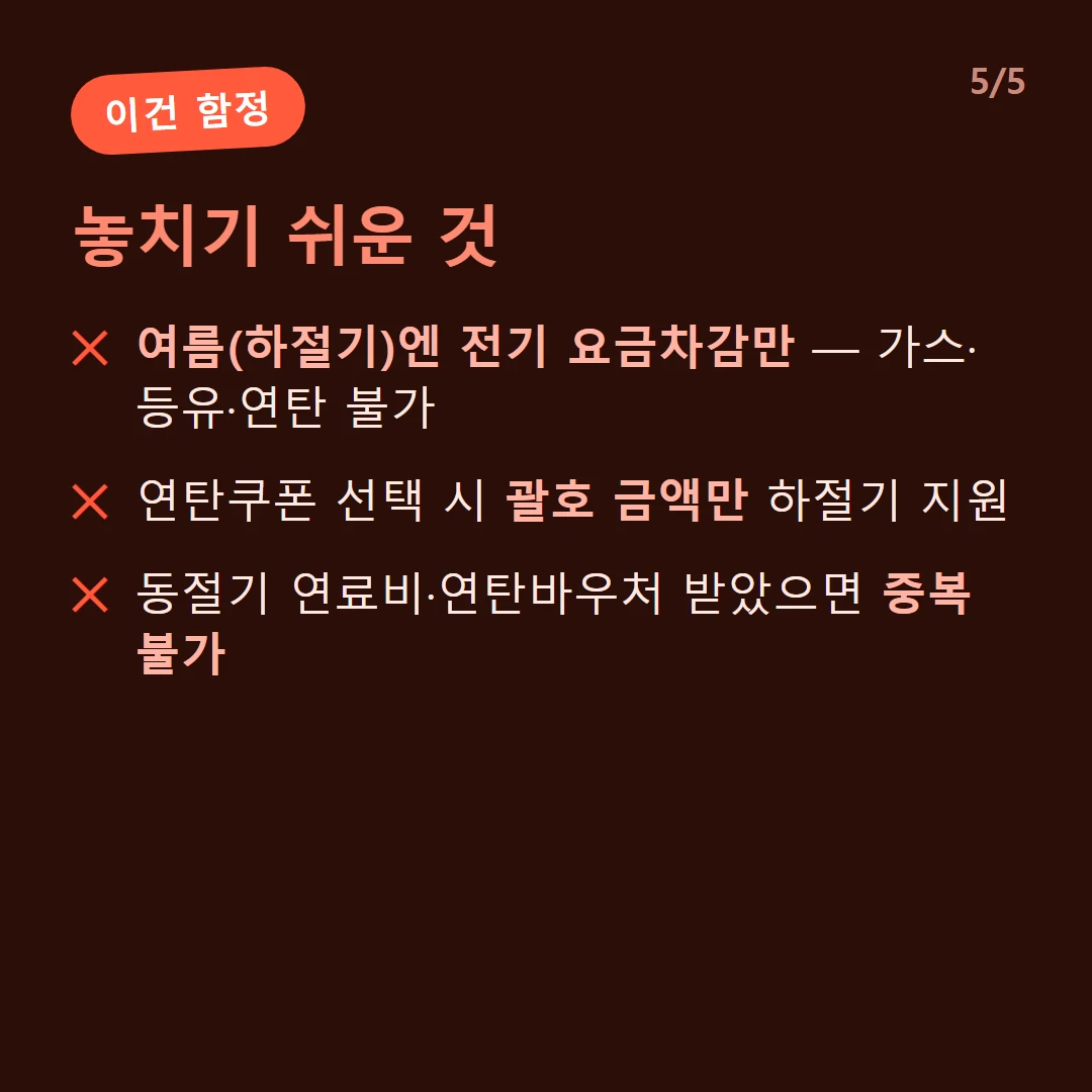 놓치기 쉬운 것 — 여름(하절기)엔 전기 요금차감만 — 가스·등유·연탄 불가 / 연탄쿠폰 선택 시 괄호 금액만 하절기 지원 / 동절기 연료비·연탄바우처 받았으면 중복 불가