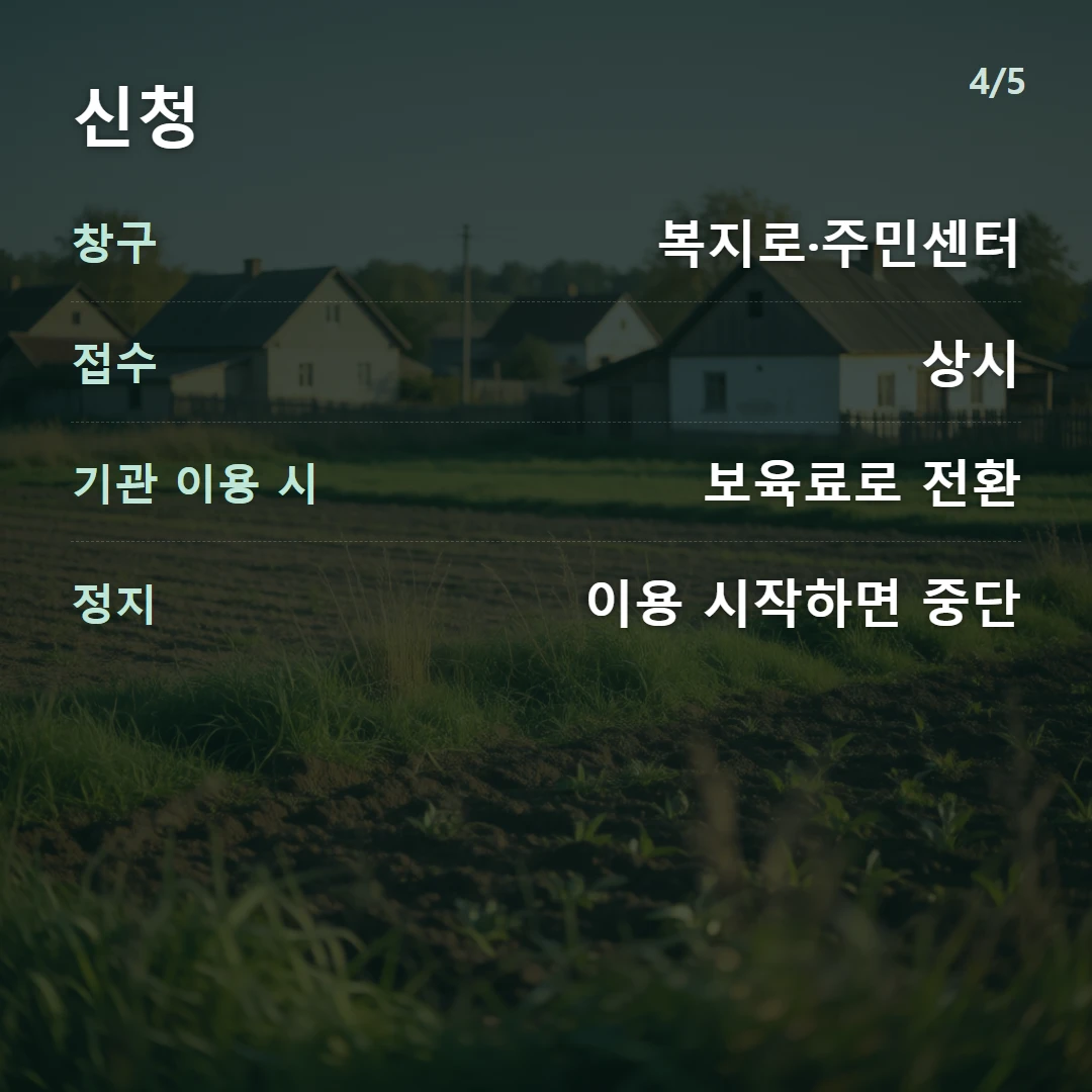신청 — 창구 복지로·주민센터, 접수 상시, 기관 이용 시 보육료로 전환, 정지 이용 시작하면 중단