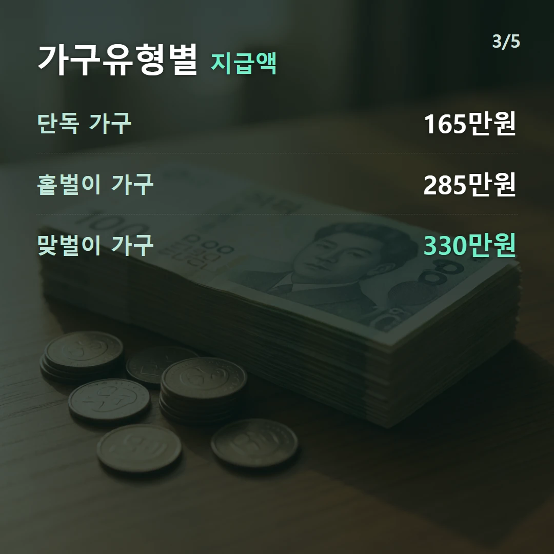 가구유형별 지급액 — 단독 가구 165만원, 홑벌이 가구 285만원, 맞벌이 가구 330만원