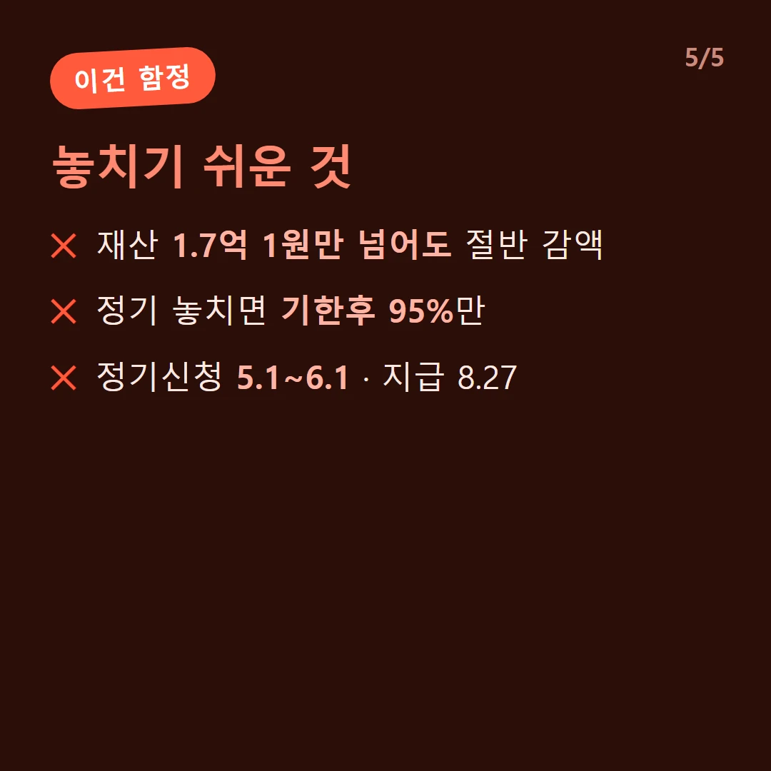 놓치기 쉬운 것 — 재산 1.7억 1원만 넘어도 절반 감액 / 정기 놓치면 기한후 95%만 / 정기신청 5.1~6.1 · 지급 8.27