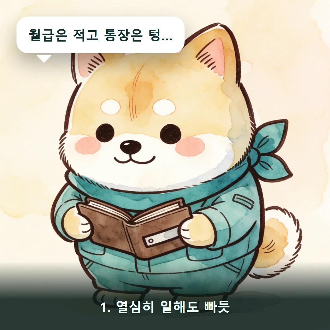 웹툰 1컷 — 1. 열심히 일해도 빠듯 (월급은 적고 통장은 텅…)