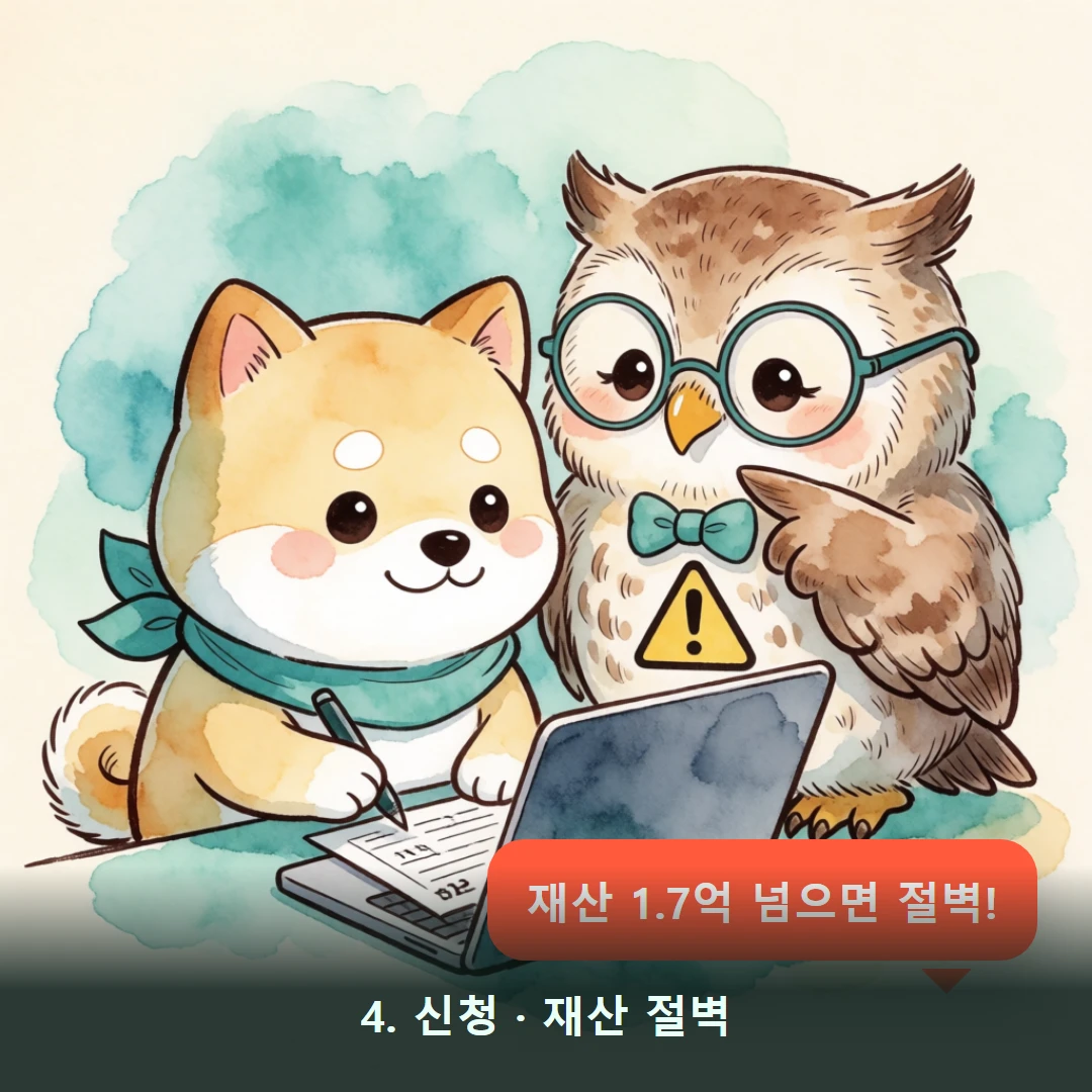 웹툰 4컷 — 4. 신청 · 재산 절벽 (재산 1.7억 넘으면 절벽!)