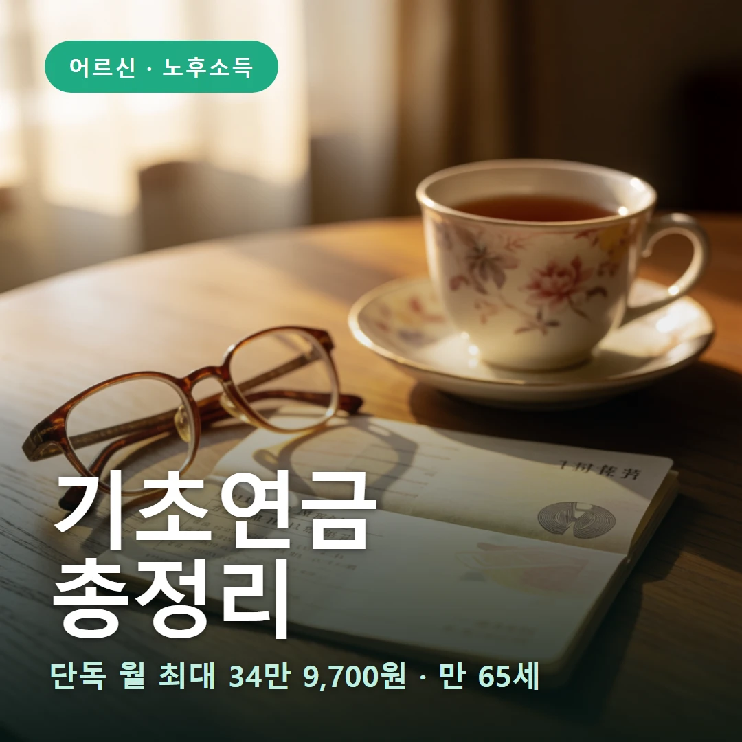 기초연금 요약 표지 — 단독 월 최대 34만 9,700원 · 만 65세