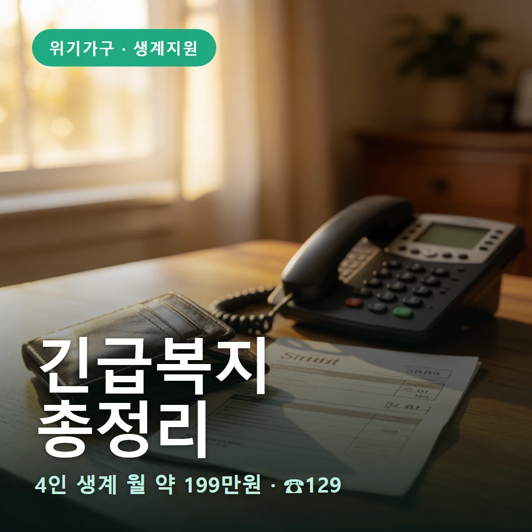 긴급복지 지원제도 요약 표지 — 4인 생계 월 약 199만원 · ☎129