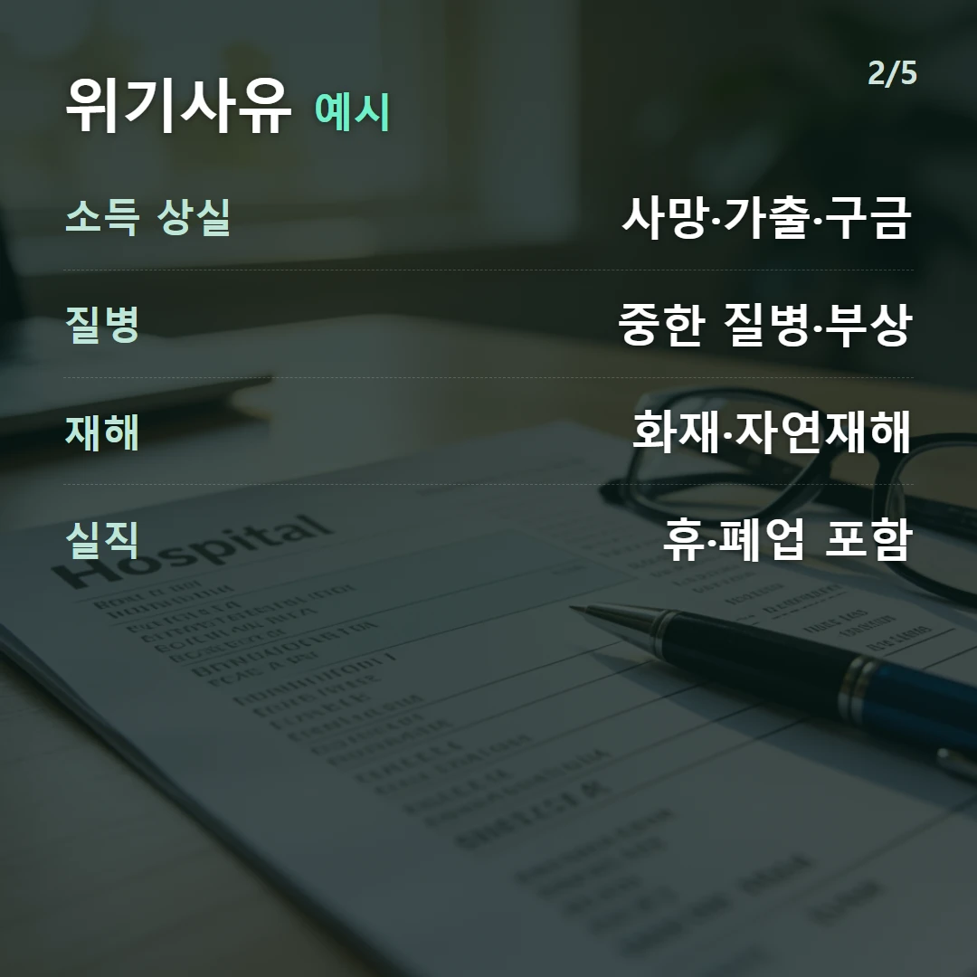 위기사유 예시 — 소득 상실 사망·가출·구금, 질병 중한 질병·부상, 재해 화재·자연재해, 실직 휴·폐업 포함