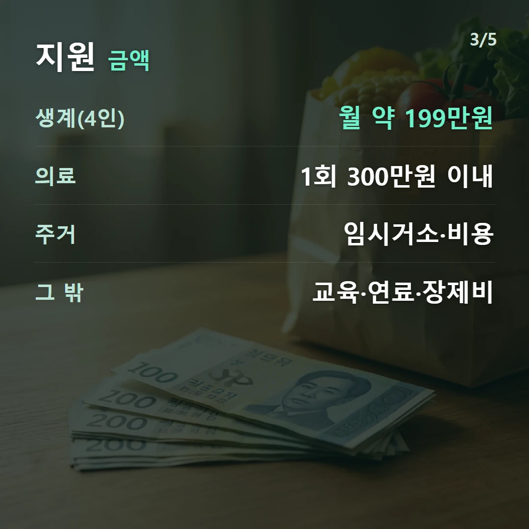 지원 금액 — 생계(4인) 월 약 199만원, 의료 1회 300만원 이내, 주거 임시거소·비용, 그 밖 교육·연료·장제비
