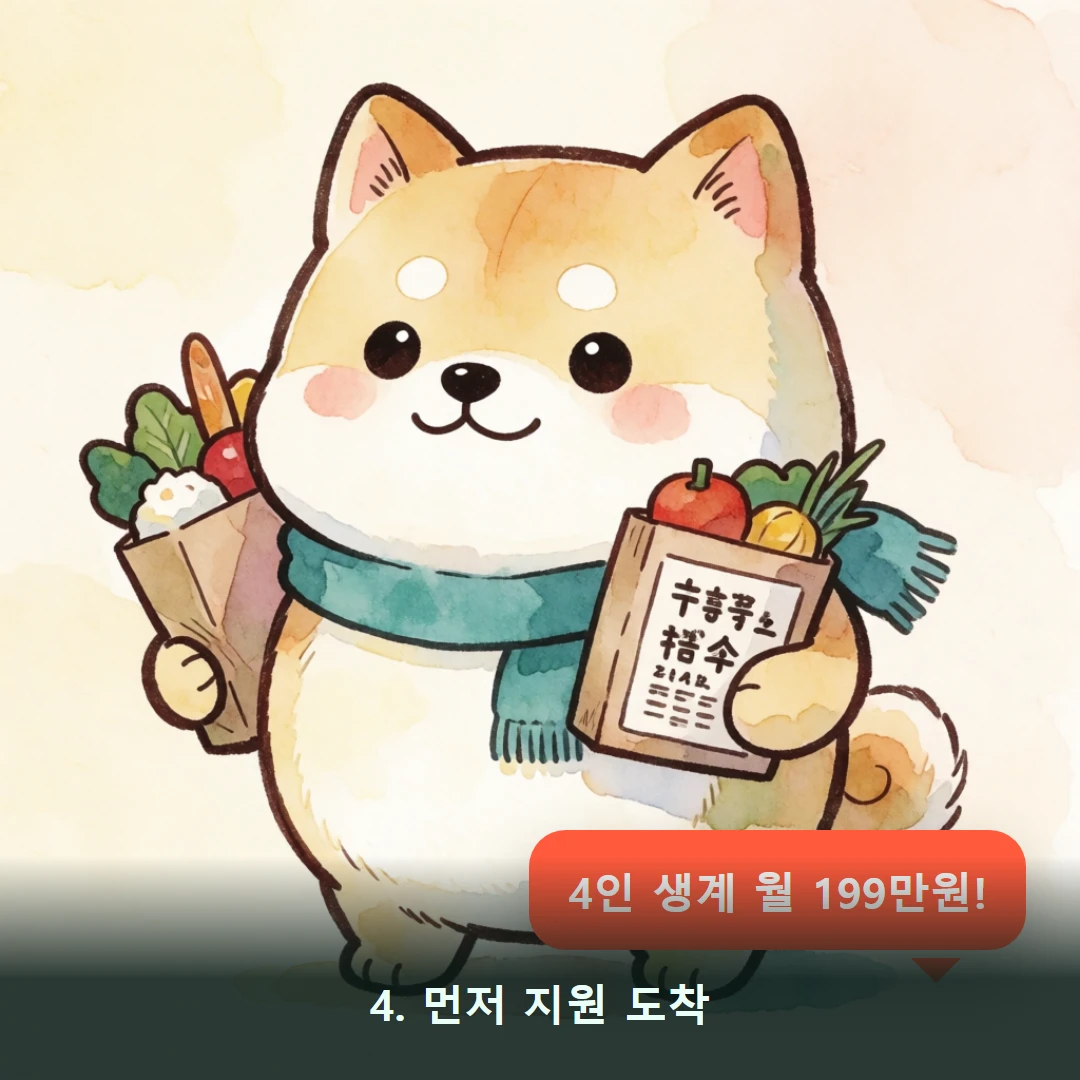 웹툰 4컷 — 4. 먼저 지원 도착 (4인 생계 월 199만원!)