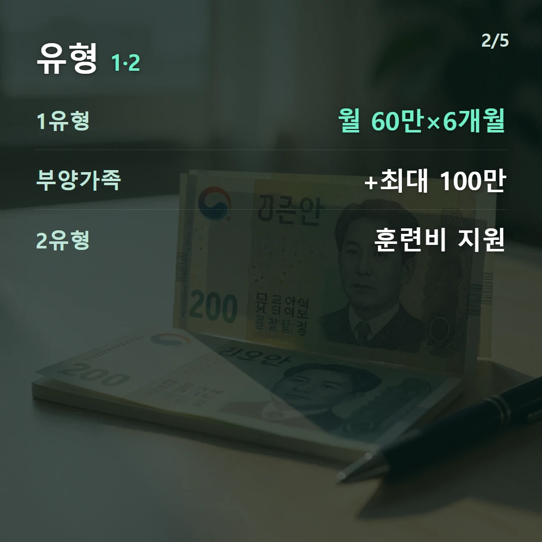 유형 1·2 — 1유형 월 60만×6개월, 부양가족 +최대 100만, 2유형 훈련비 지원