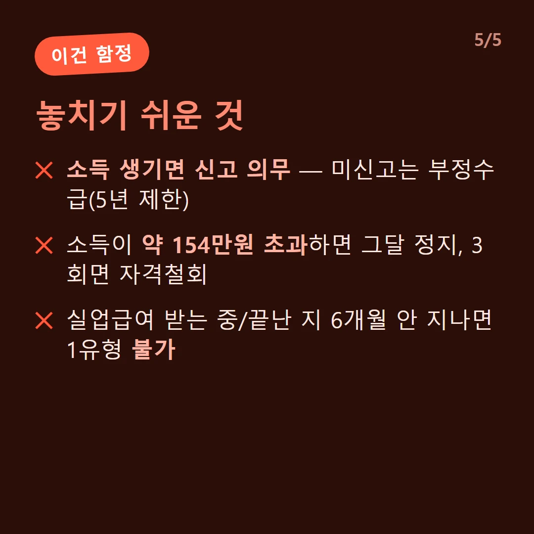 놓치기 쉬운 것 — 소득 생기면 신고 의무 — 미신고는 부정수급(5년 제한) / 소득이 약 154만원 초과하면 그달 정지, 3회면 자격철회 / 실업급여 받는 중/끝난 지 6개월 안 지나면 1유형 불가