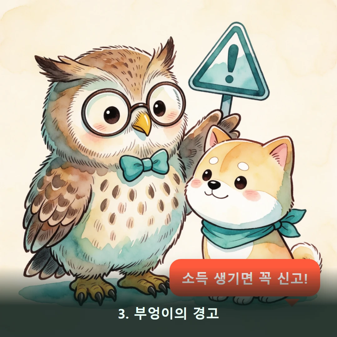 웹툰 3컷 — 3. 부엉이의 경고 (소득 생기면 꼭 신고!)