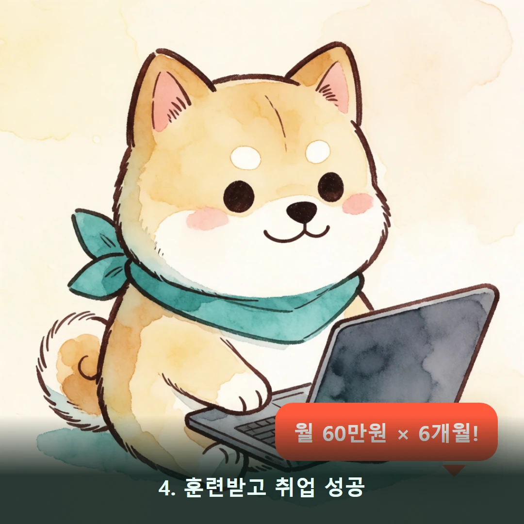 웹툰 4컷 — 4. 훈련받고 취업 성공 (월 60만원 × 6개월!)