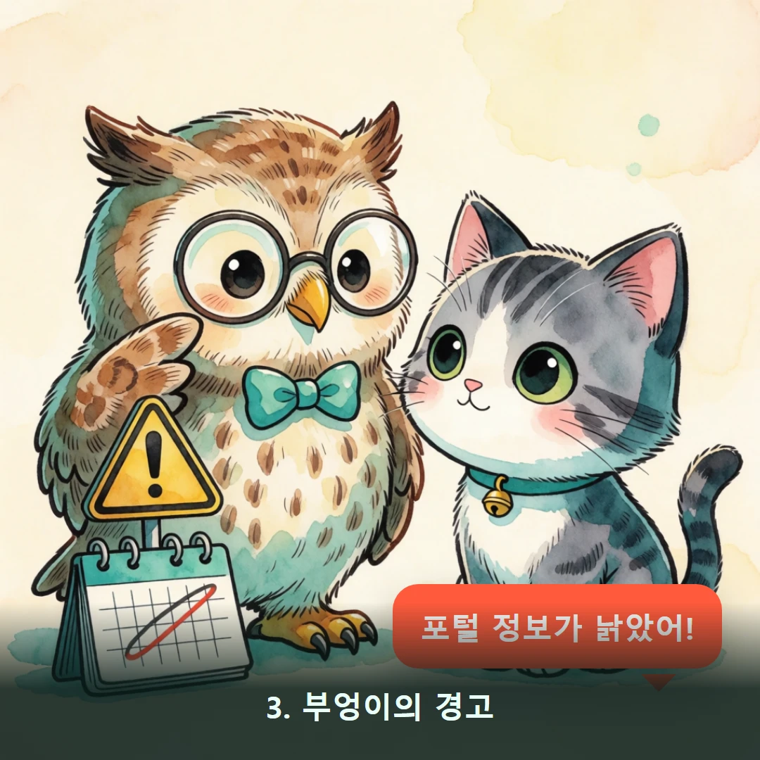 웹툰 3컷 — 3. 부엉이의 경고 (포털 정보가 낡았어!)