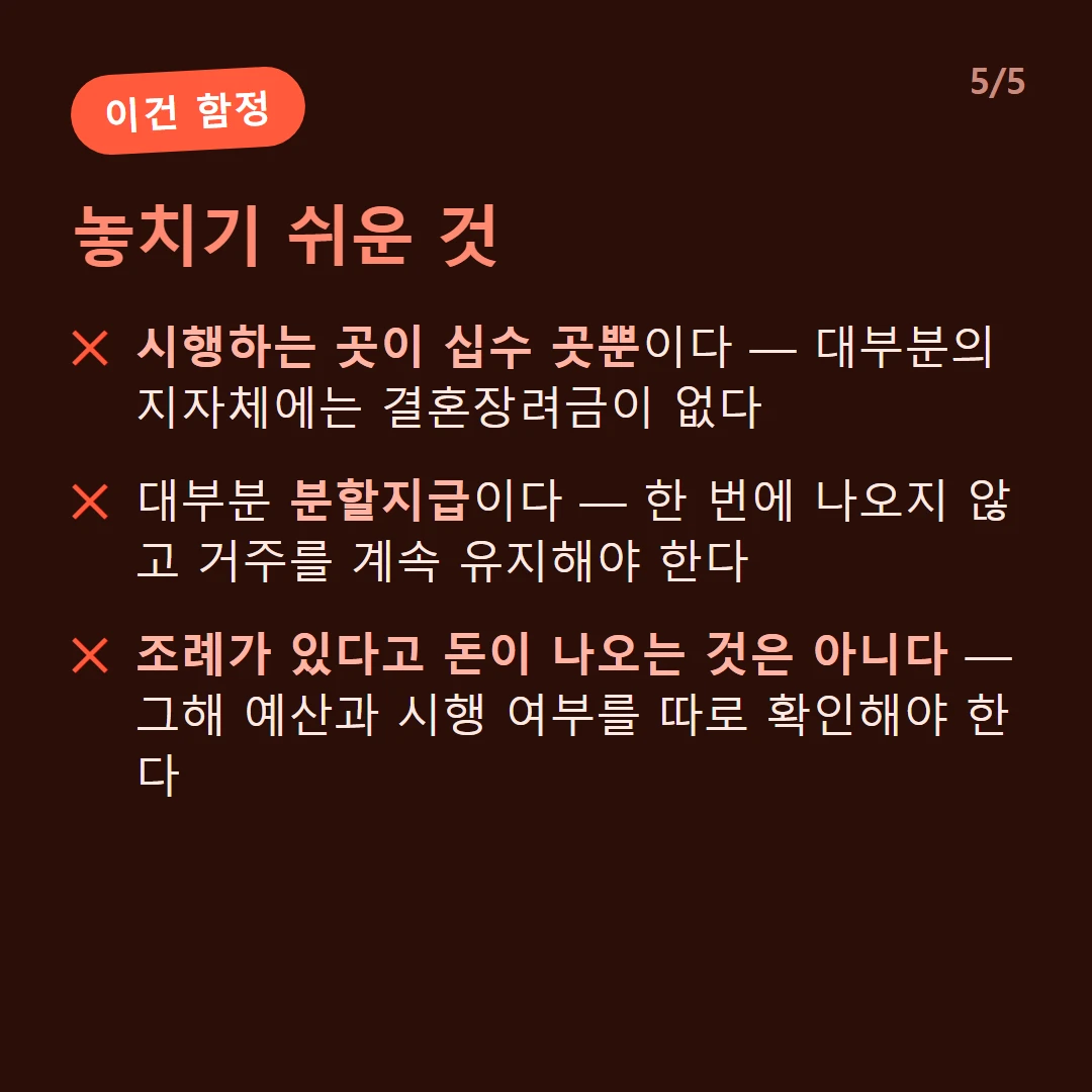 놓치기 쉬운 것 — 시행하는 곳이 십수 곳뿐이다 — 대부분의 지자체에는 결혼장려금이 없다 / 대부분 분할지급이다 — 한 번에 나오지 않고 거주를 계속 유지해야 한다 / 조례가 있다고 돈이 나오는 것은 아니다 — 그해 예산과 시행 여부를 따로 확인해야 한다