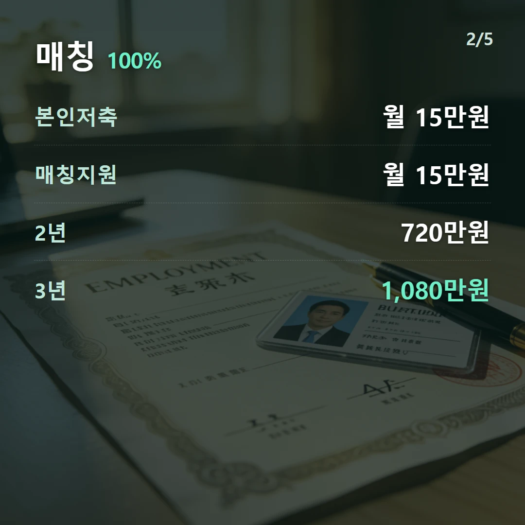 매칭 100% — 본인저축 월 15만원, 매칭지원 월 15만원, 2년 720만원, 3년 1,080만원