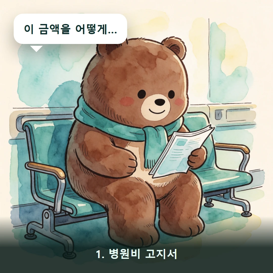 웹툰 1컷 — 1. 병원비 고지서 (이 금액을 어떻게…)