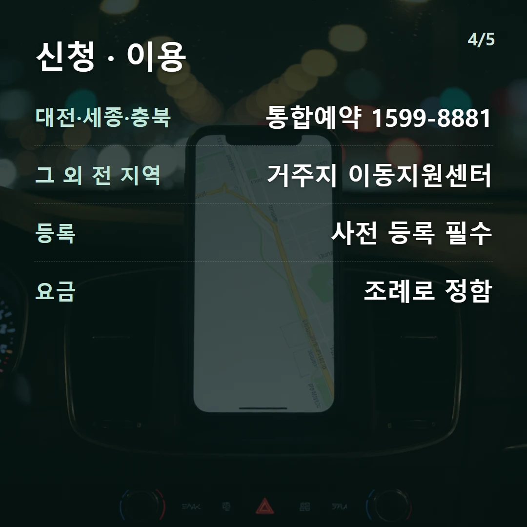신청 · 이용 — 대전·세종·충북 통합예약 1599-8881, 그 외 전 지역 거주지 이동지원센터, 등록 사전 등록 필수, 요금 조례로 정함
