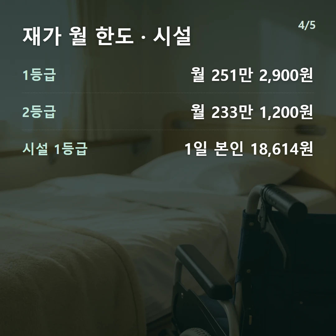재가 월 한도 · 시설 — 1등급 월 251만 2,900원, 2등급 월 233만 1,200원, 시설 1등급 1일 본인 18,614원
