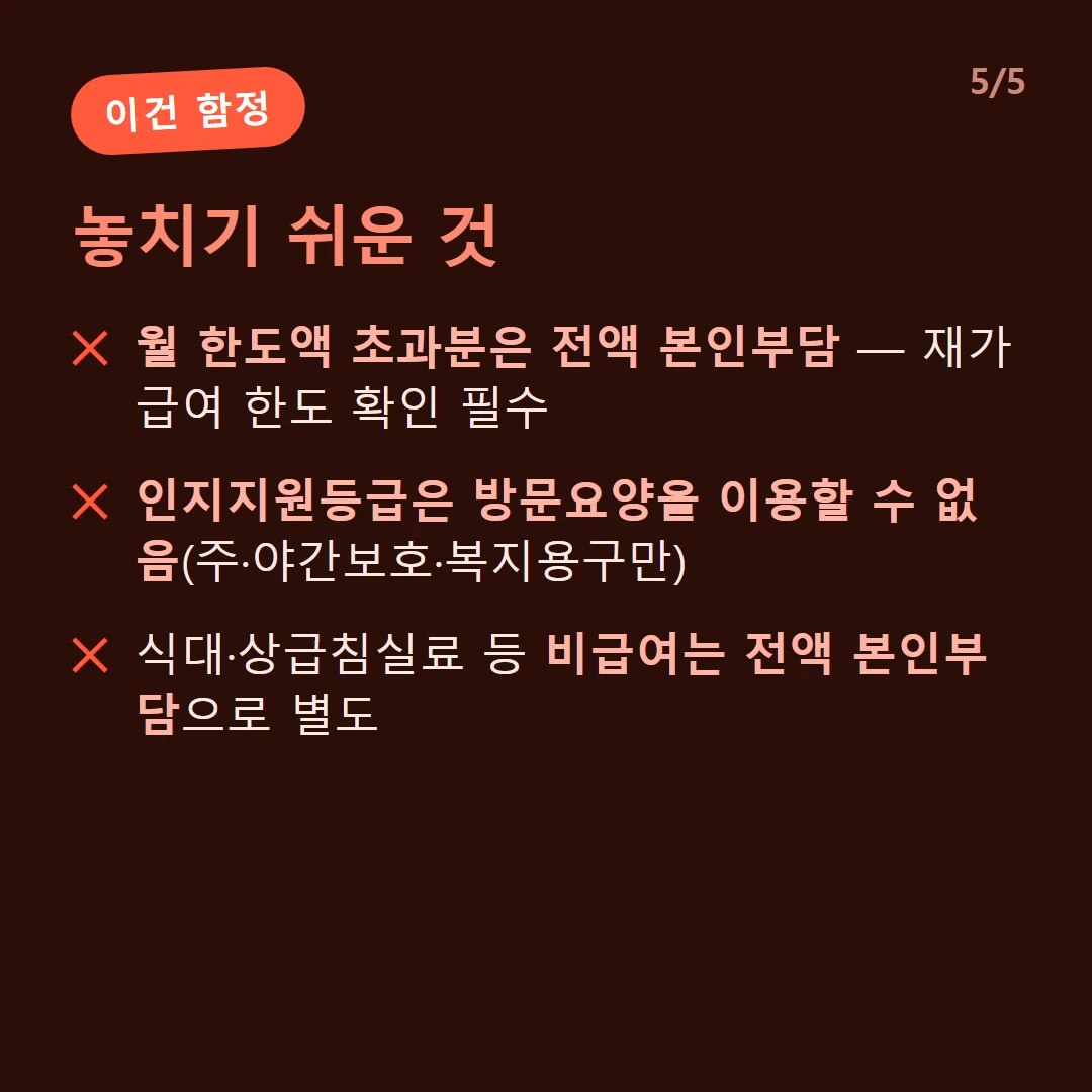 놓치기 쉬운 것 — 월 한도액 초과분은 전액 본인부담 — 재가급여 한도 확인 필수 / 인지지원등급은 방문요양을 이용할 수 없음(주·야간보호·복지용구만) / 식대·상급침실료 등 비급여는 전액 본인부담으로 별도