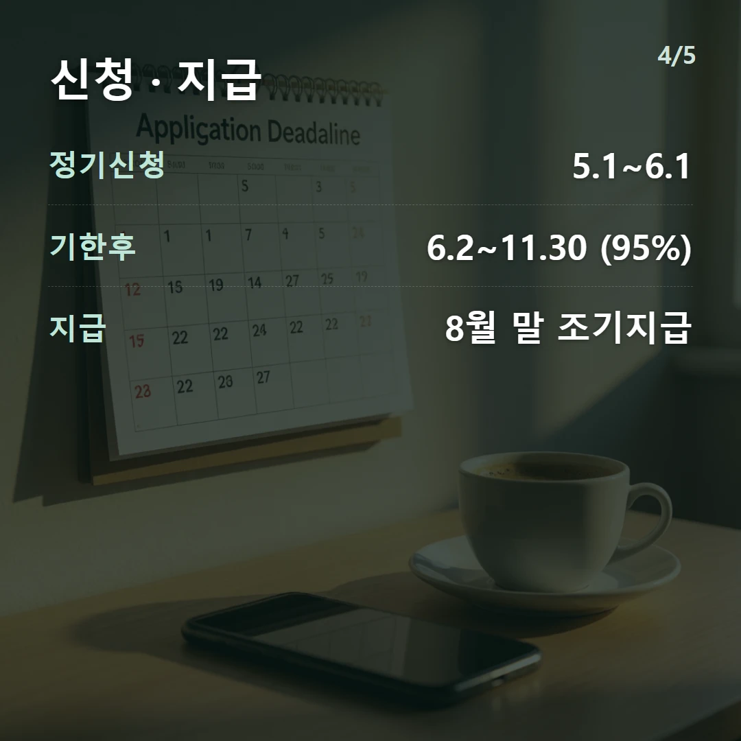 신청 · 지급 — 정기신청 5.1~6.1, 기한후 6.2~11.30 (95%), 지급 8월 말 조기지급