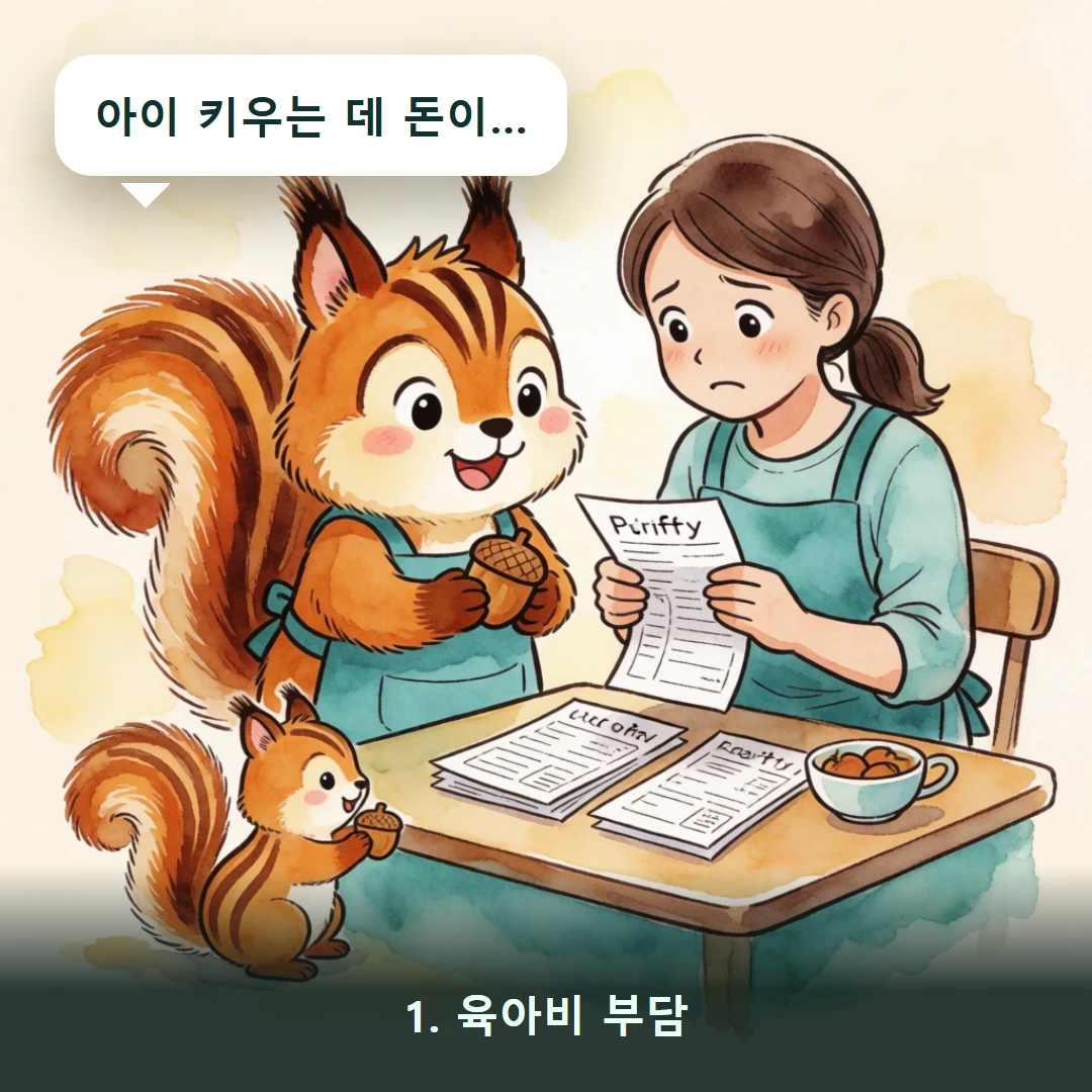 웹툰 1컷 — 1. 육아비 부담 (아이 키우는 데 돈이…)