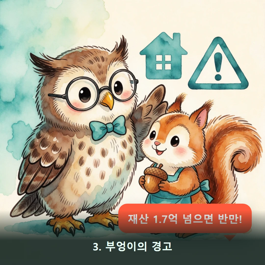 웹툰 3컷 — 3. 부엉이의 경고 (재산 1.7억 넘으면 반만!)
