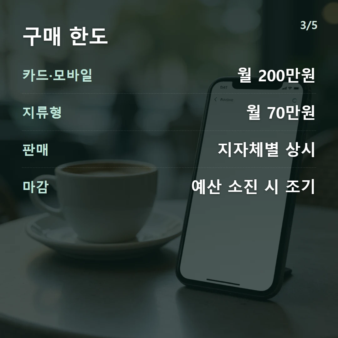 구매 한도 — 카드·모바일 월 200만원, 지류형 월 70만원, 판매 지자체별 상시, 마감 예산 소진 시 조기