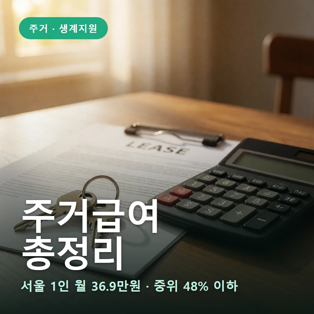 주거급여 요약 표지 — 서울 1인 월 36.9만원 · 중위 48% 이하