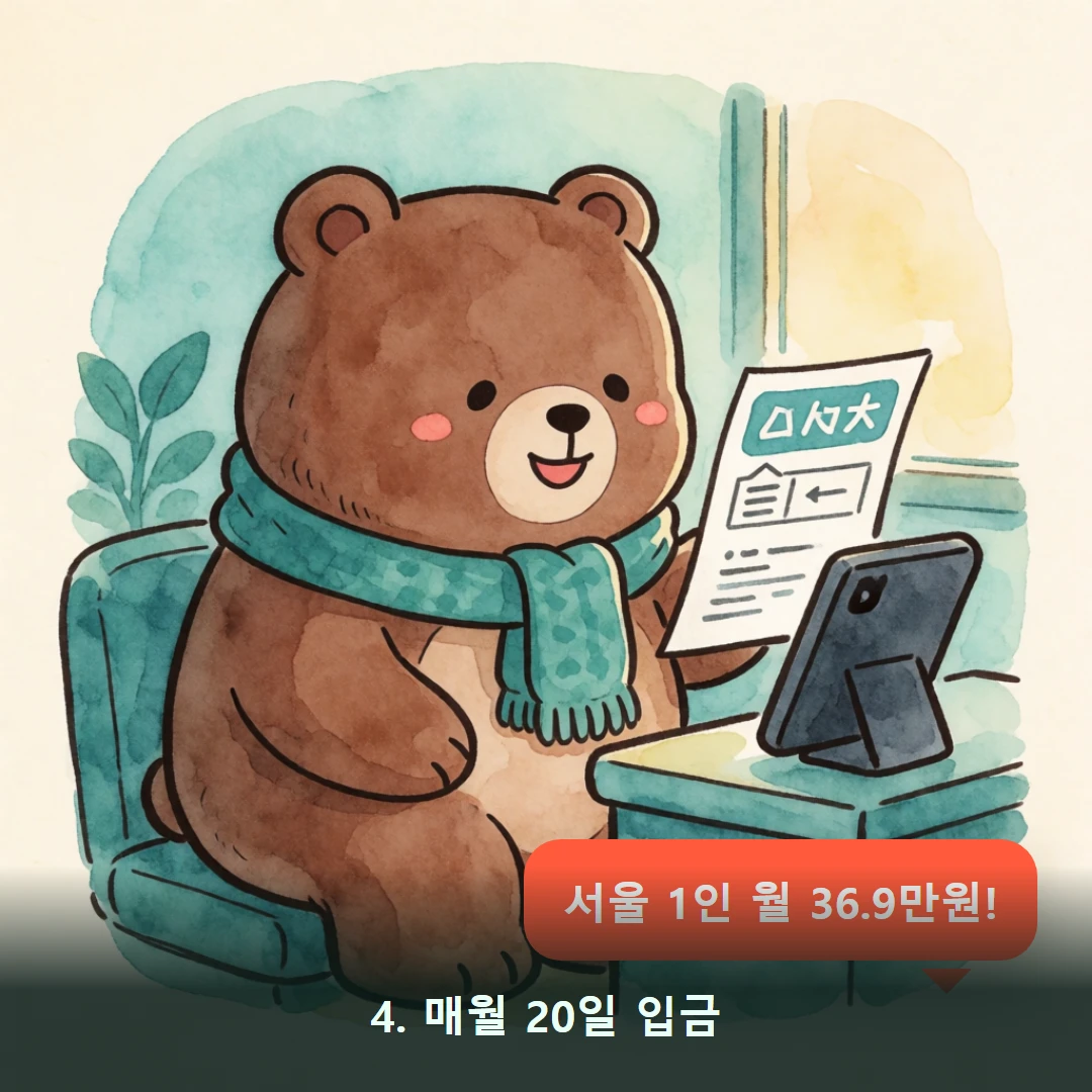 웹툰 4컷 — 4. 매월 20일 입금 (서울 1인 월 36.9만원!)
