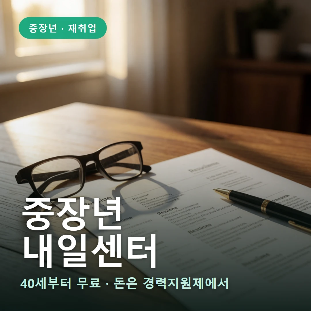중장년내일센터 요약 표지 — 40세부터 무료 · 돈은 경력지원제에서
