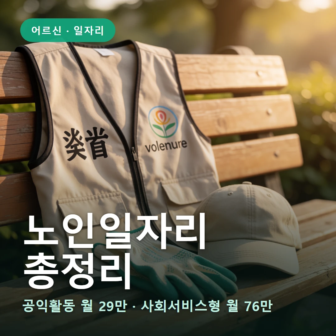 노인일자리 요약 표지 — 공익활동 월 29만 · 사회서비스형 월 76만