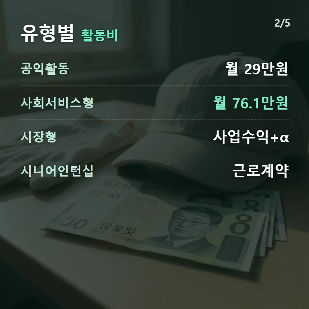 유형별 활동비 — 공익활동 월 29만원, 사회서비스형 월 76.1만원, 시장형 사업수익+α, 시니어인턴십 근로계약