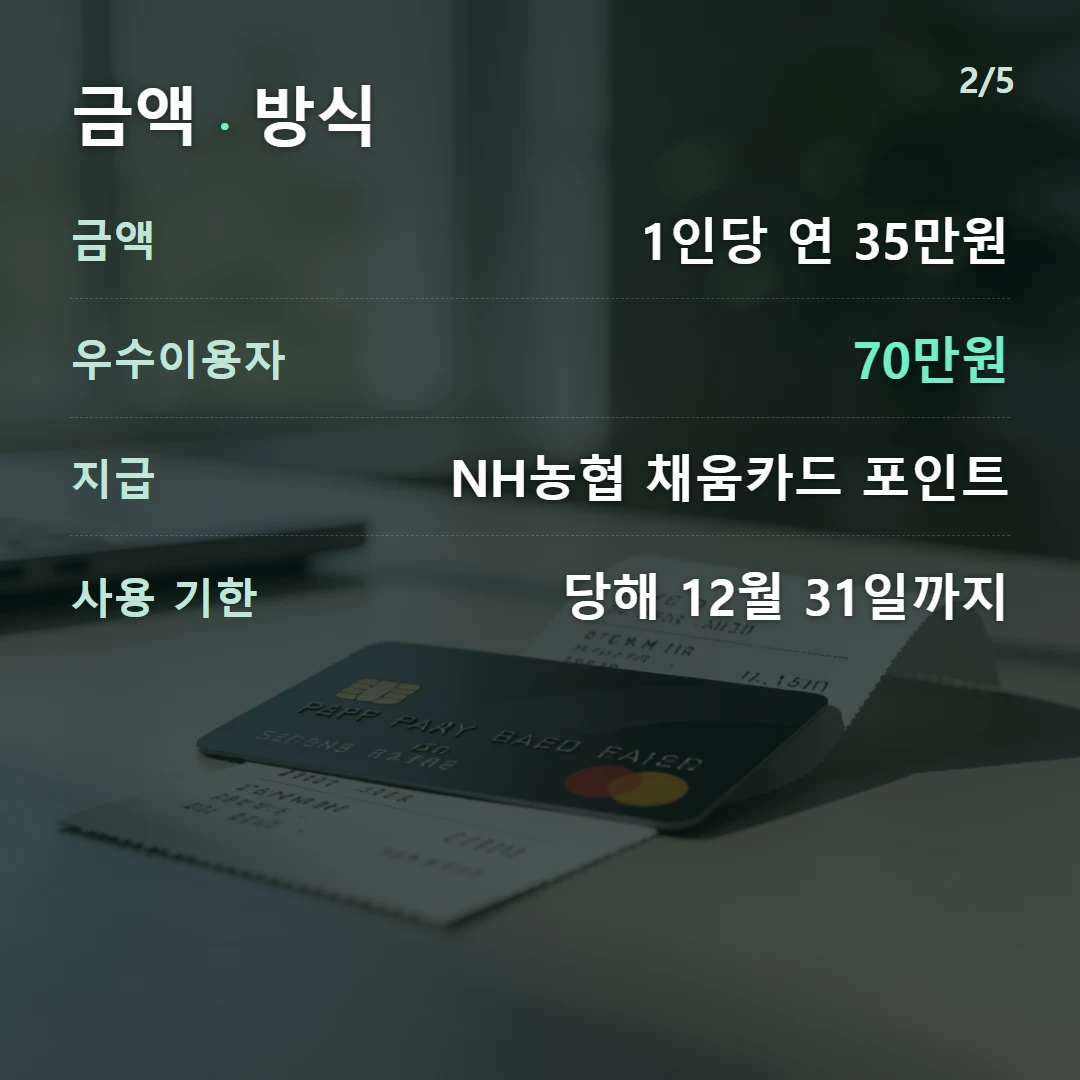 금액 · 방식 — 금액 1인당 연 35만원, 우수이용자 70만원, 지급 NH농협 채움카드 포인트, 사용 기한 당해 12월 31일까지