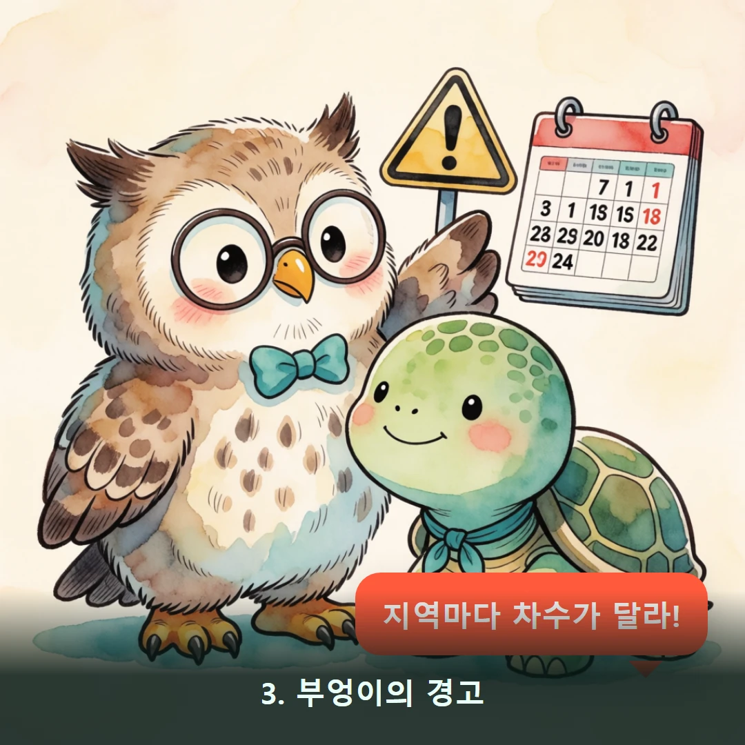 웹툰 3컷 — 3. 부엉이의 경고 (지역마다 차수가 달라!)