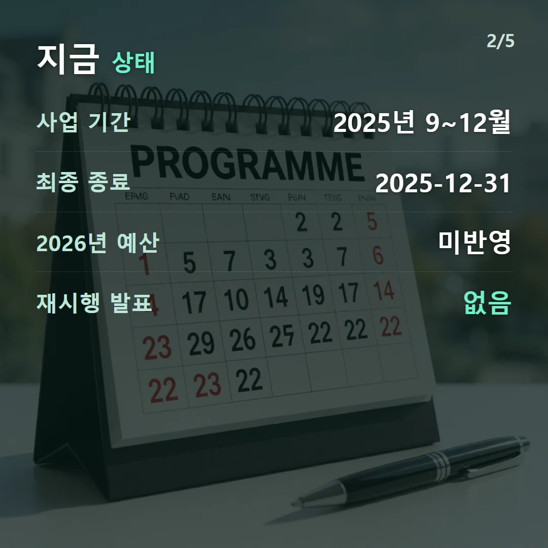 지금 상태 — 사업 기간 2025년 9~12월, 최종 종료 2025-12-31, 2026년 예산 미반영, 재시행 발표 없음