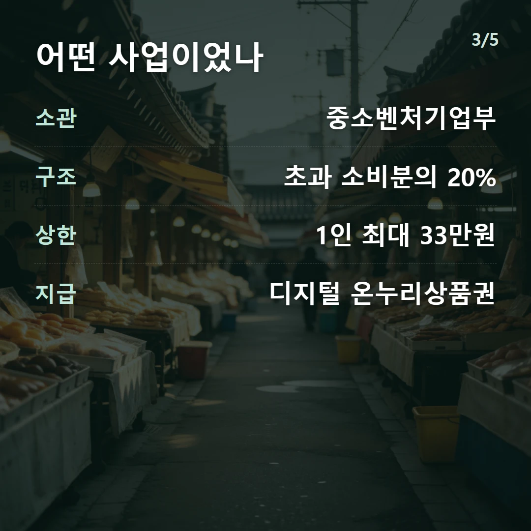 어떤 사업이었나 — 소관 중소벤처기업부, 구조 초과 소비분의 20%, 상한 1인 최대 33만원, 지급 디지털 온누리상품권